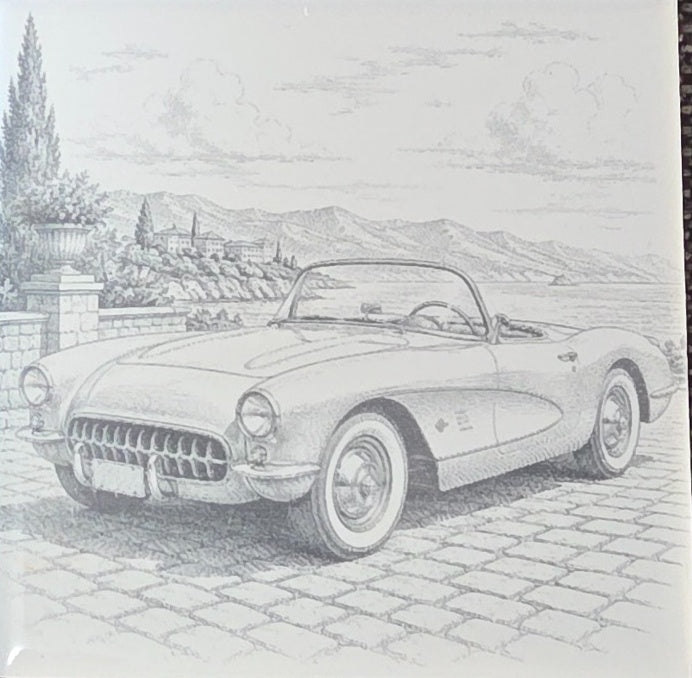 Classic vehicle ceramic tile Design C with open landscape convertible artwork