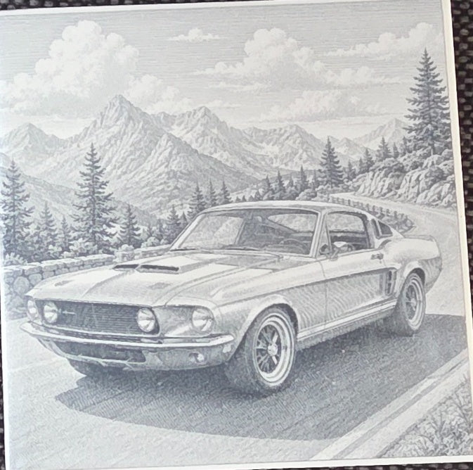 Classic vehicle ceramic tile Design D with lighter Mustang alpine road artwork