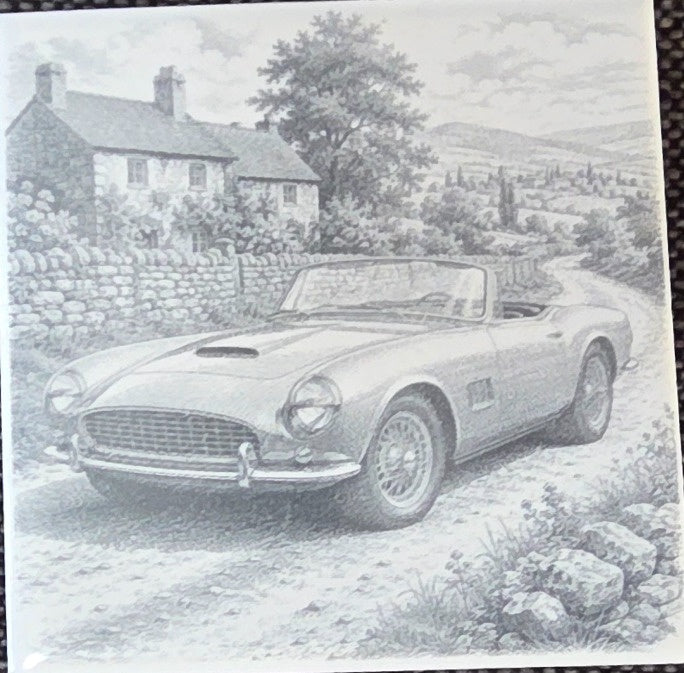 Classic vehicle ceramic tile Design E with countryside cottage convertible artwork