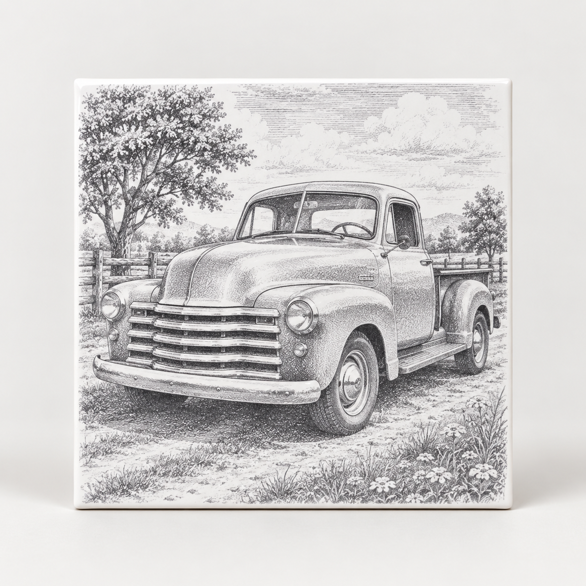 Classic vehicle ceramic tile Design F with vintage pickup truck artwork