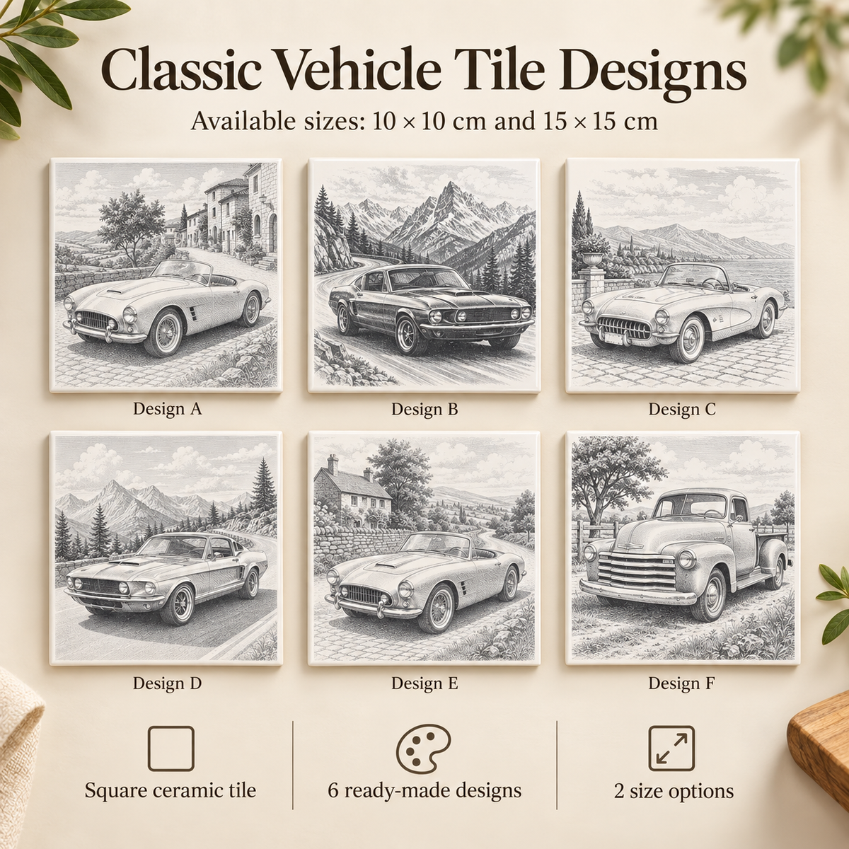 Classic vehicle ceramic tile design guide showing six designs and two size options