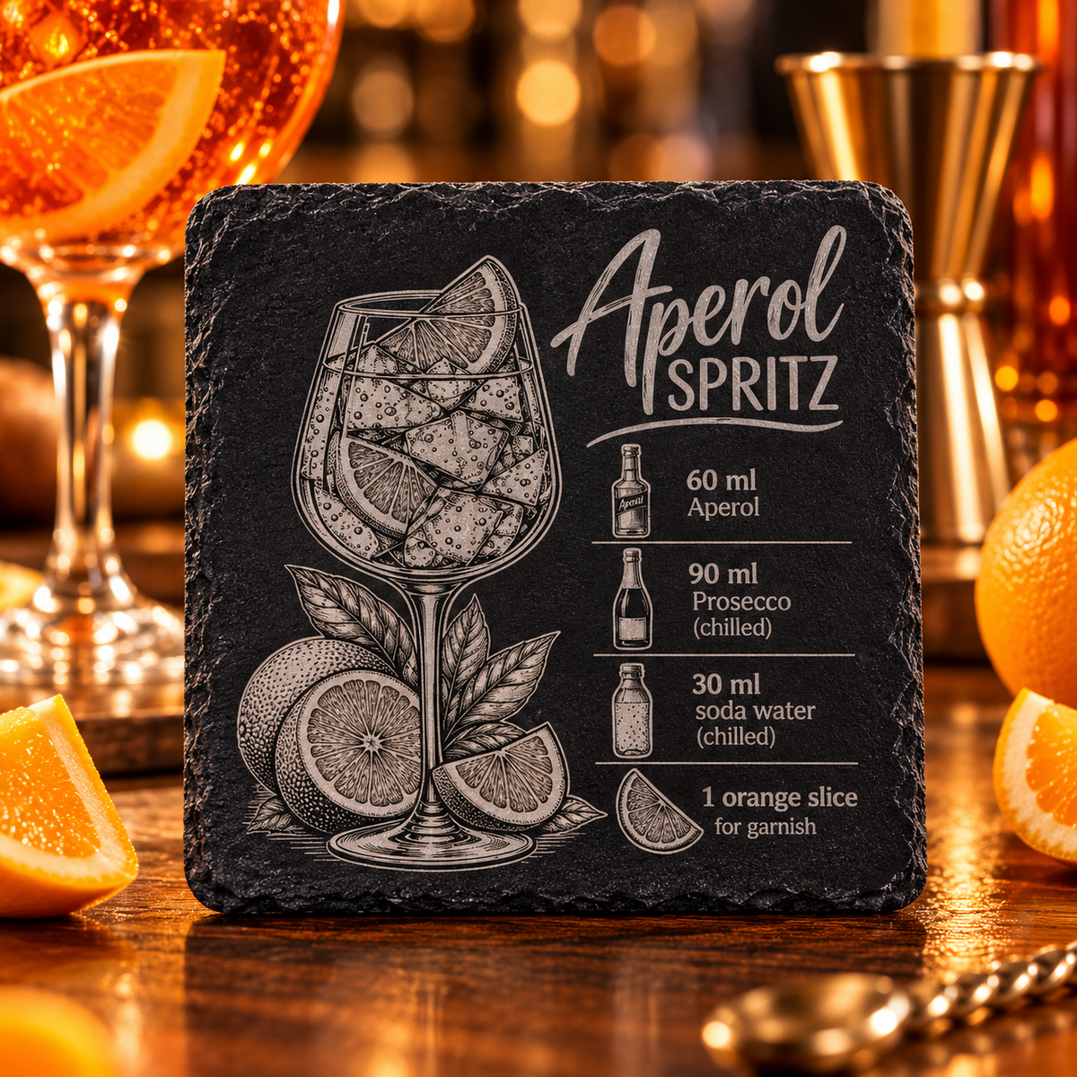 Engraved Aperol Spritz cocktail recipe slate coaster