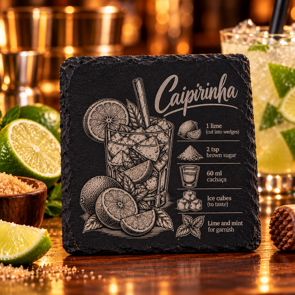 Engraved Caipirinha cocktail recipe slate coaster