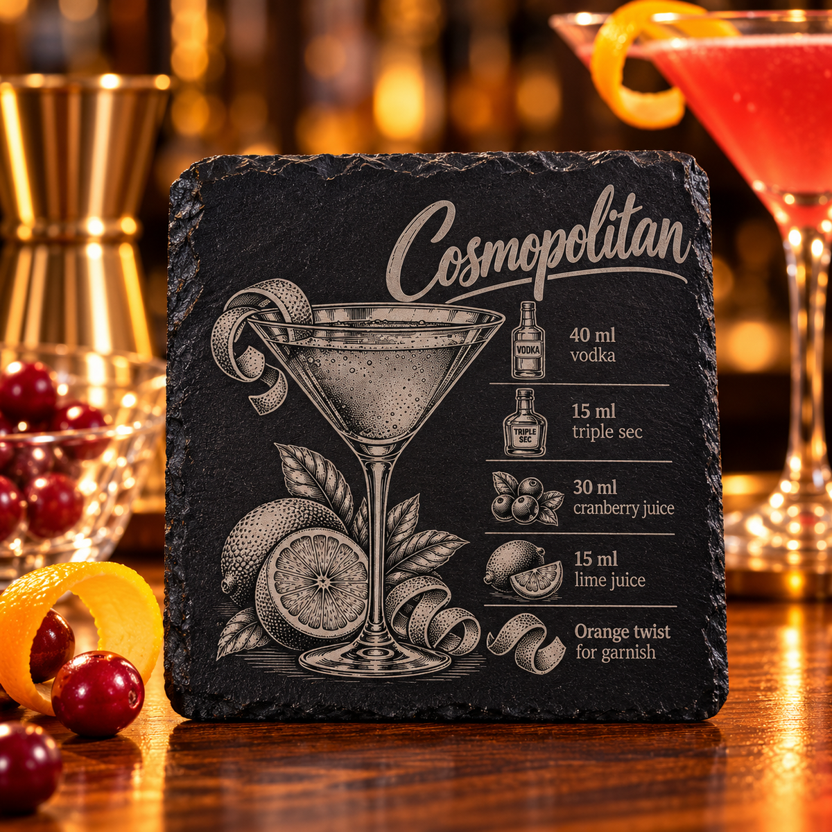Engraved Cosmopolitan cocktail recipe slate coaster