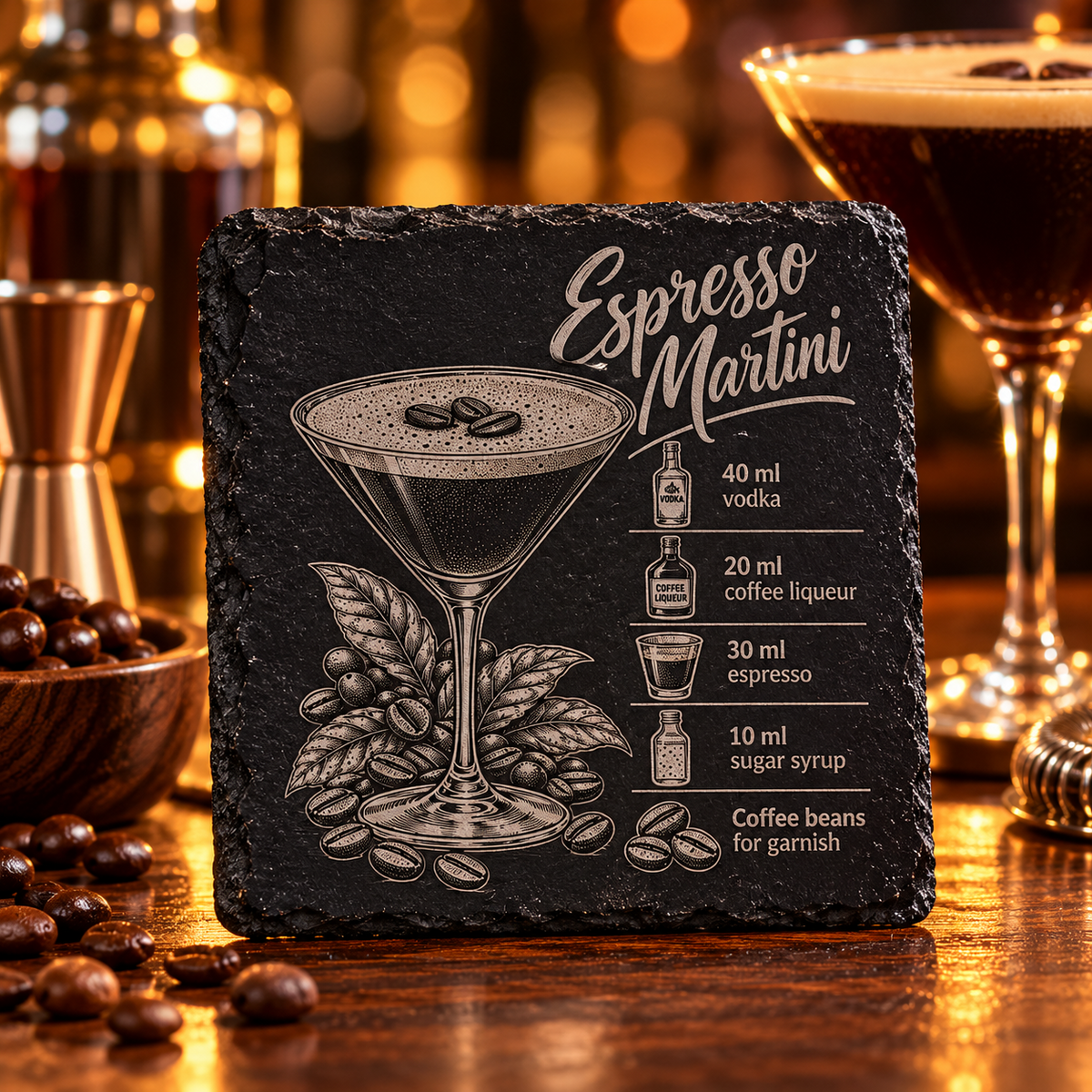 Engraved Espresso Martini cocktail recipe slate coaster