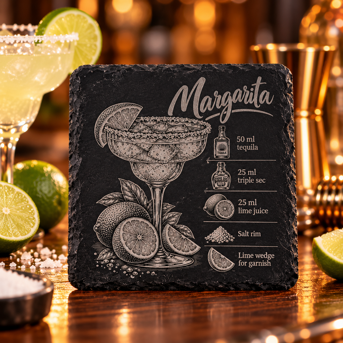 Engraved Margarita cocktail recipe slate coaster