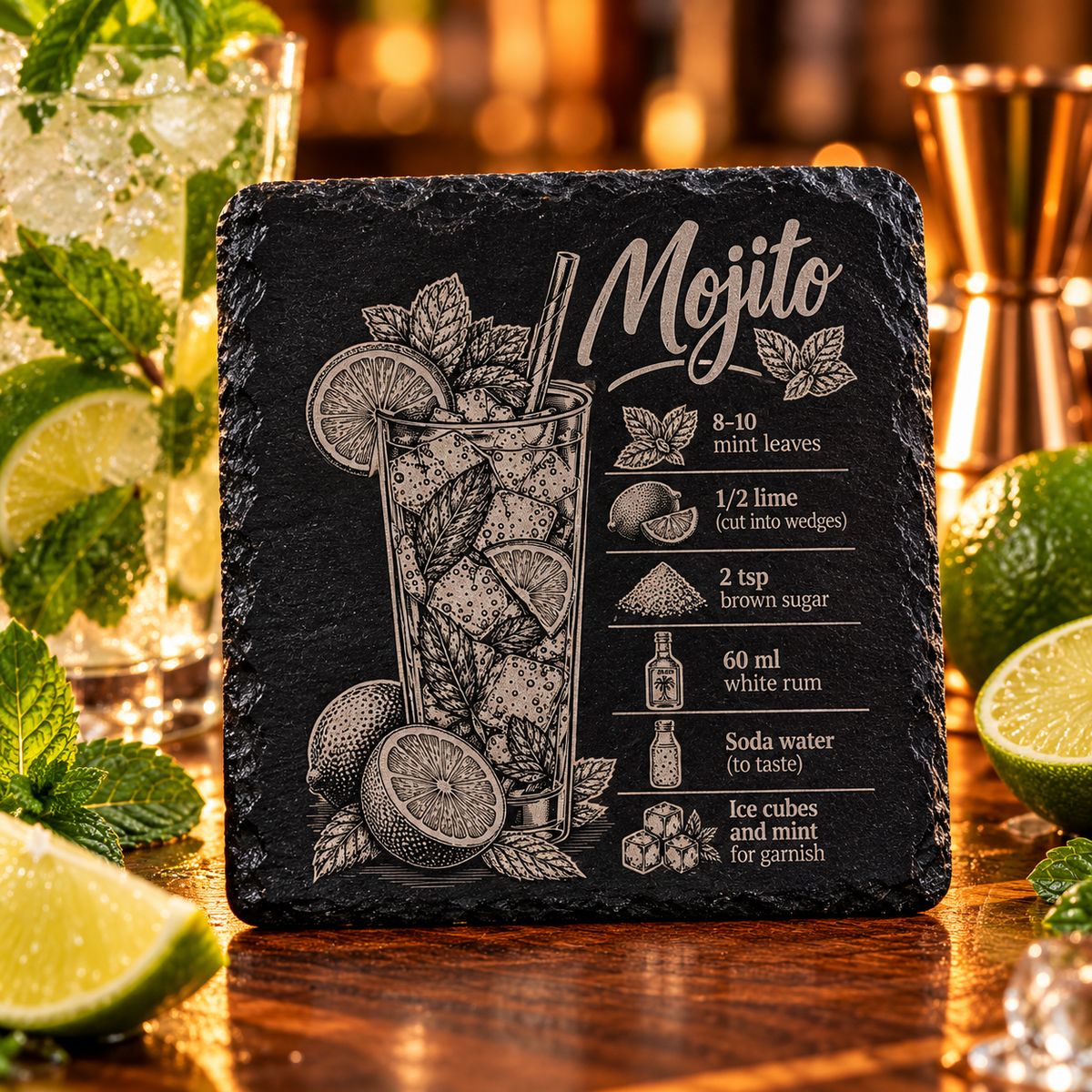 Engraved Mojito cocktail recipe slate coaster