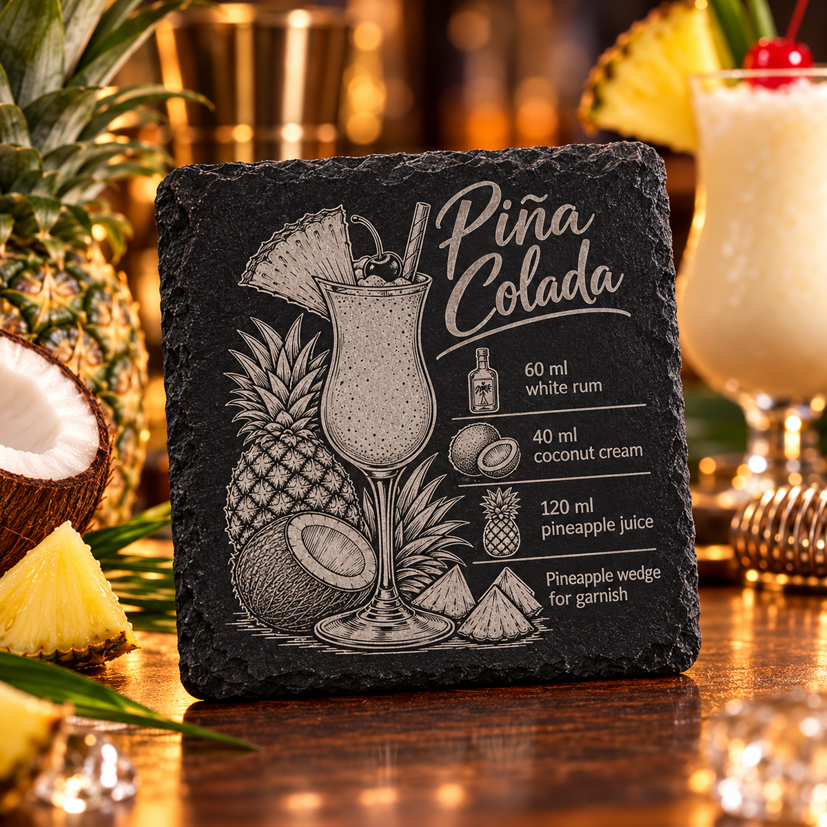Engraved Pina Colada cocktail recipe slate coaster