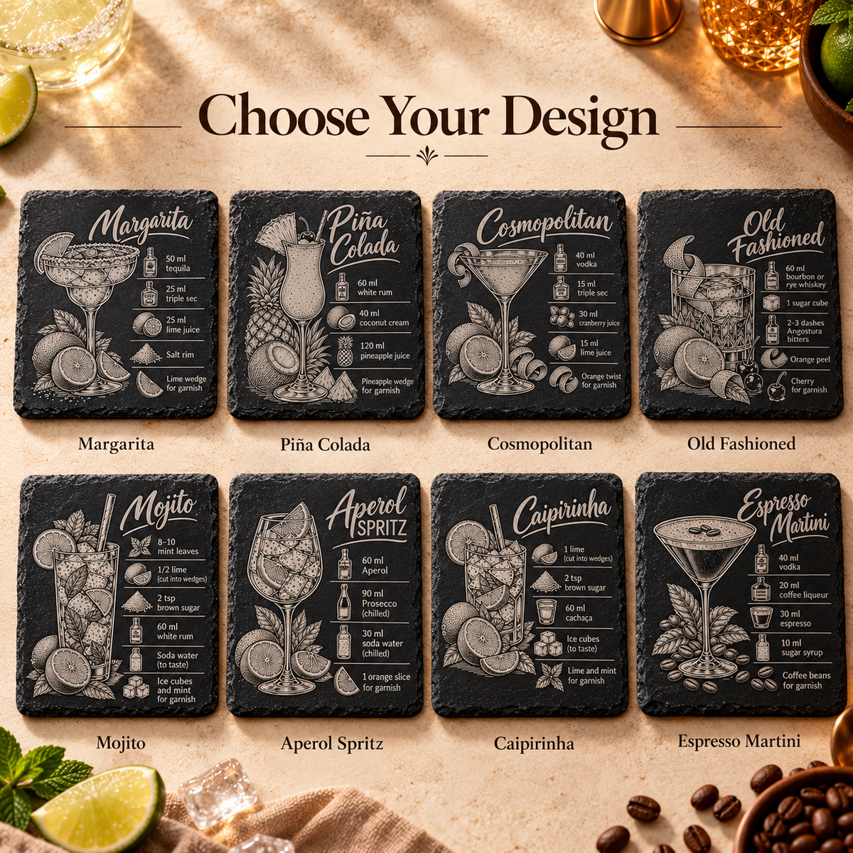 Choose from eight engraved cocktail recipe slate coaster designs