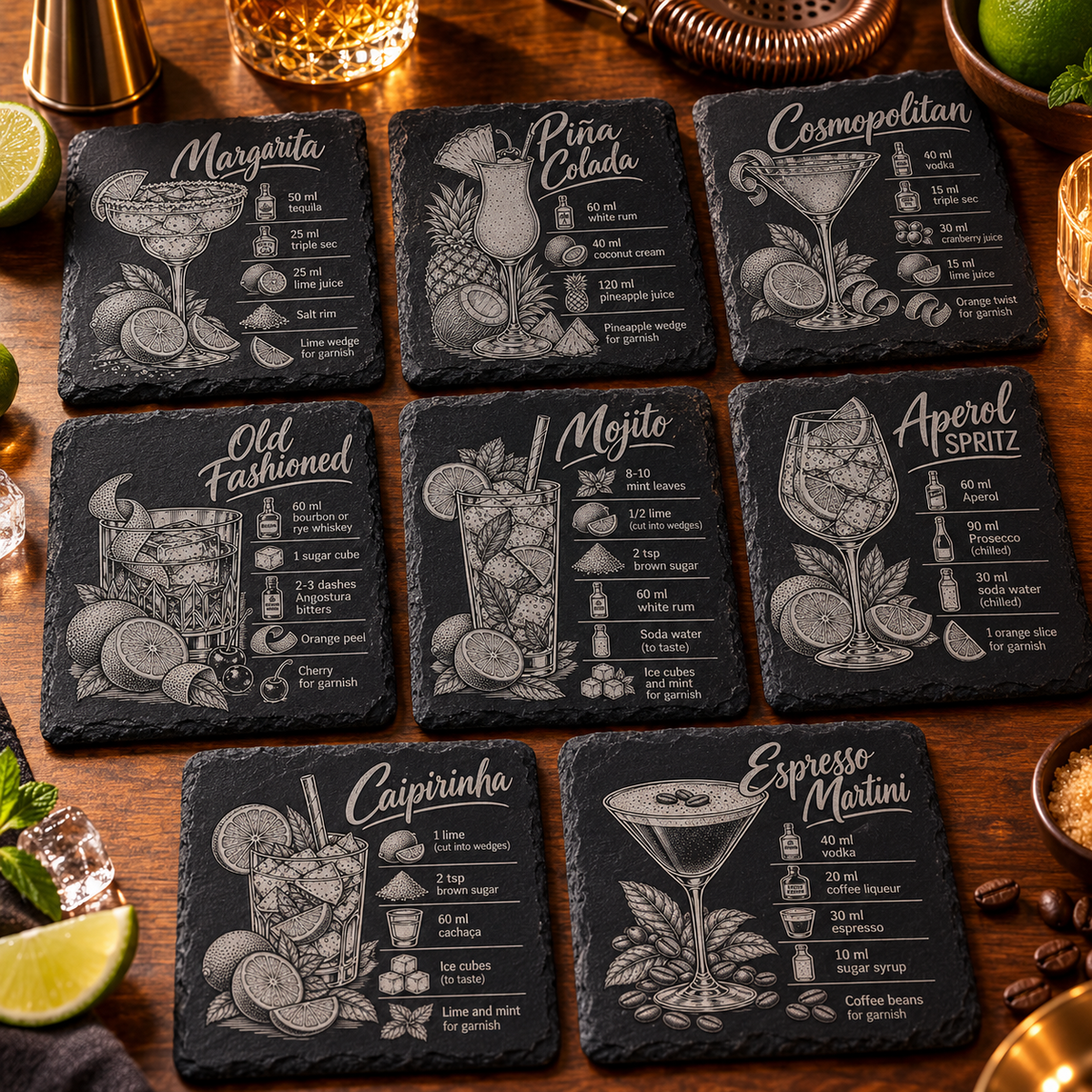 Eight engraved cocktail recipe slate coaster designs displayed together
