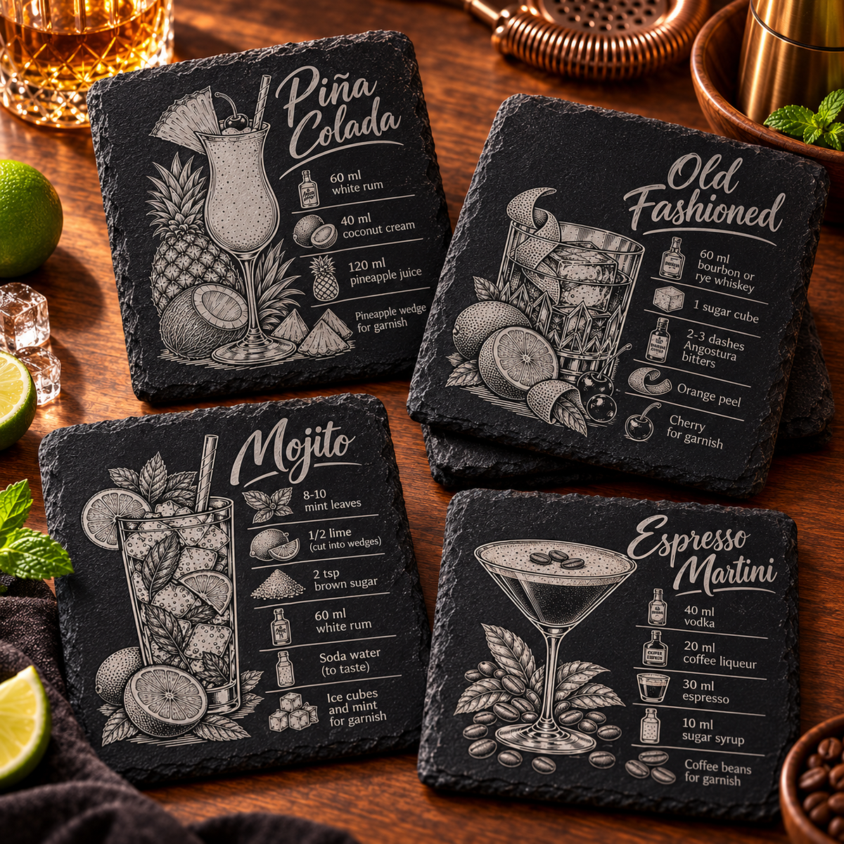 Four engraved cocktail recipe slate coaster designs
