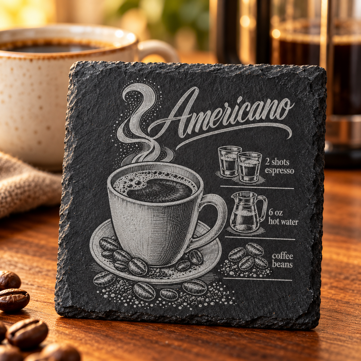 Americano coffee recipe engraved on black slate coaster