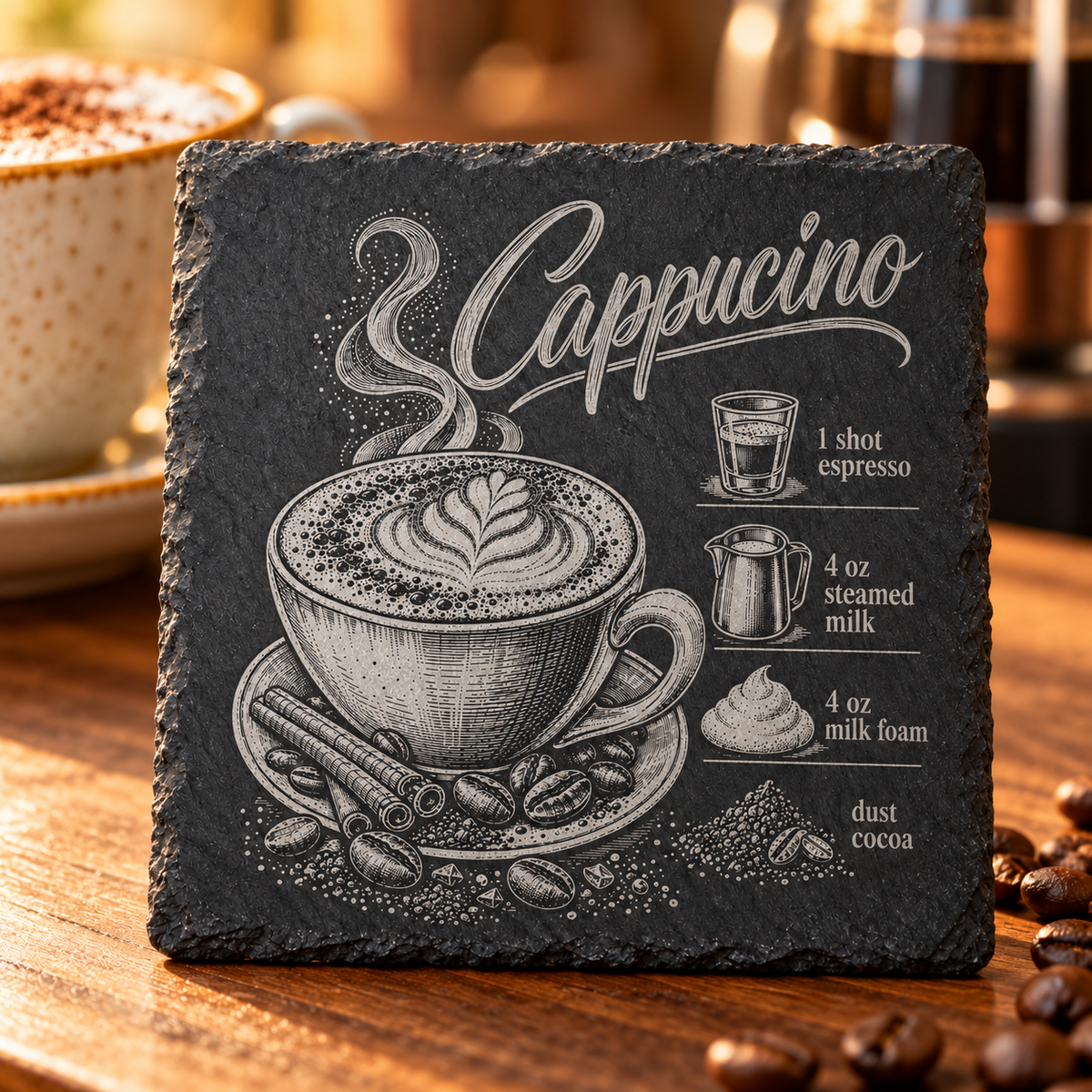 Cappuccino coffee recipe engraved on black slate coaster