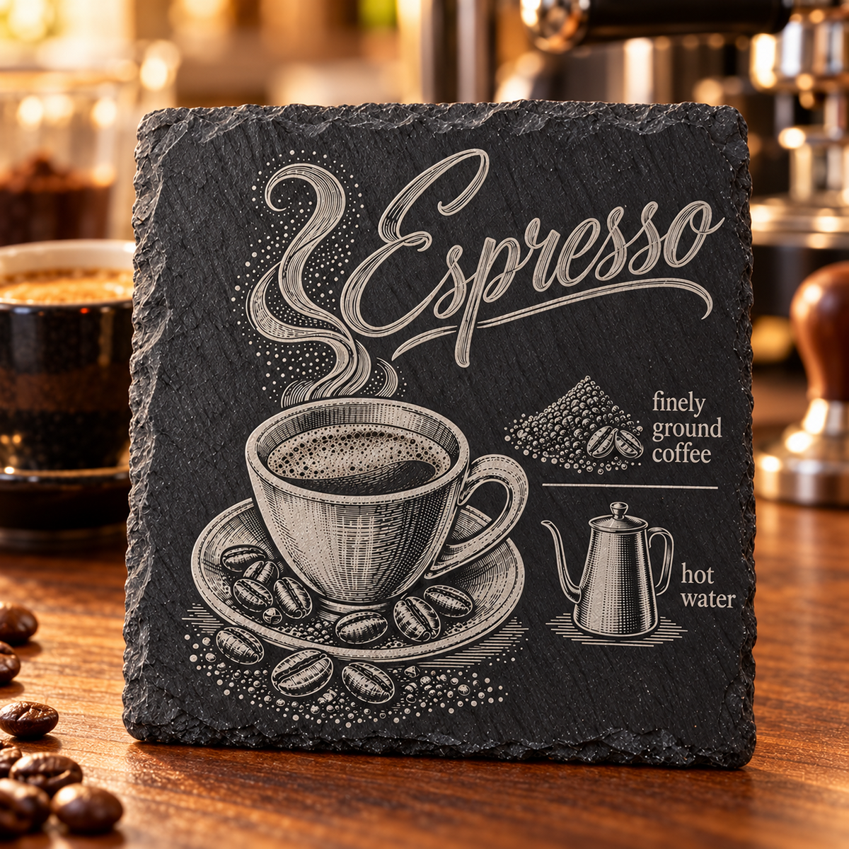 Espresso coffee recipe engraved on black slate coaster