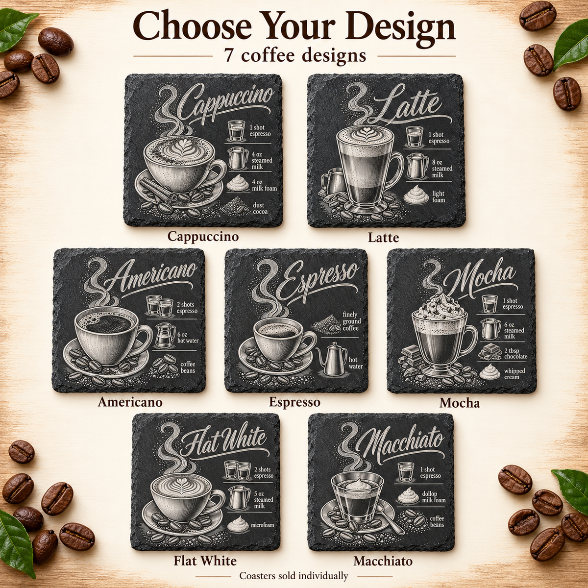 Choice of seven coffee engraved slate coaster designs, individually sold