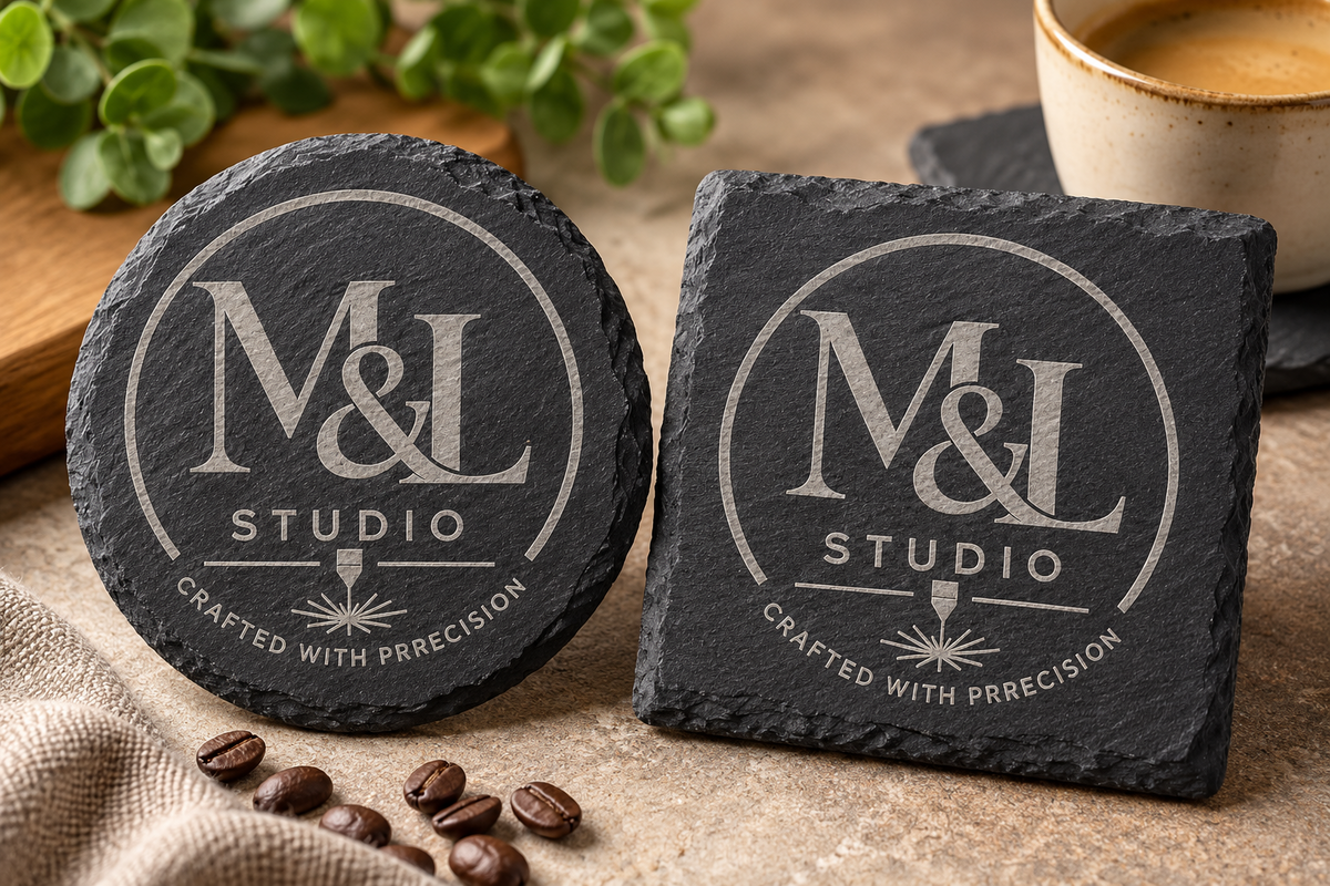 Sample custom logo slate coasters in round and square designs