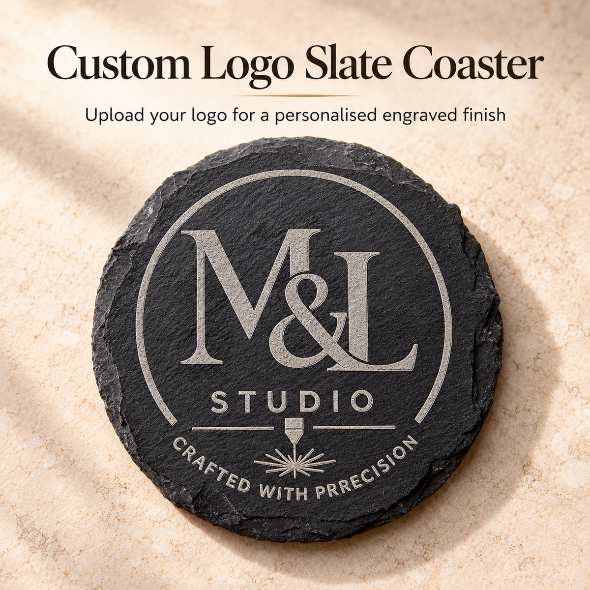 Round black slate coaster close-up with sample M&L Studio logo engraving