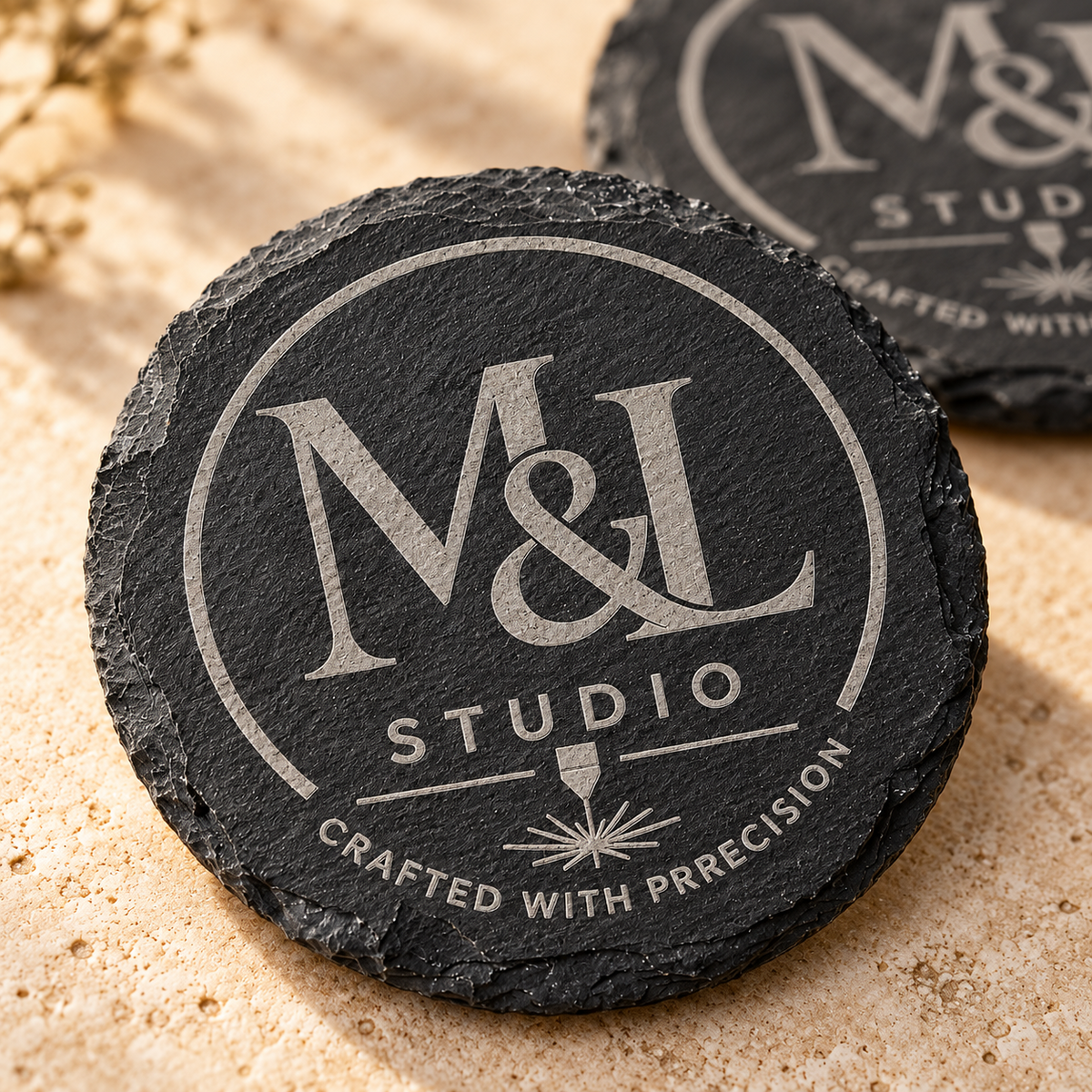 Laser engraved detail on natural black slate