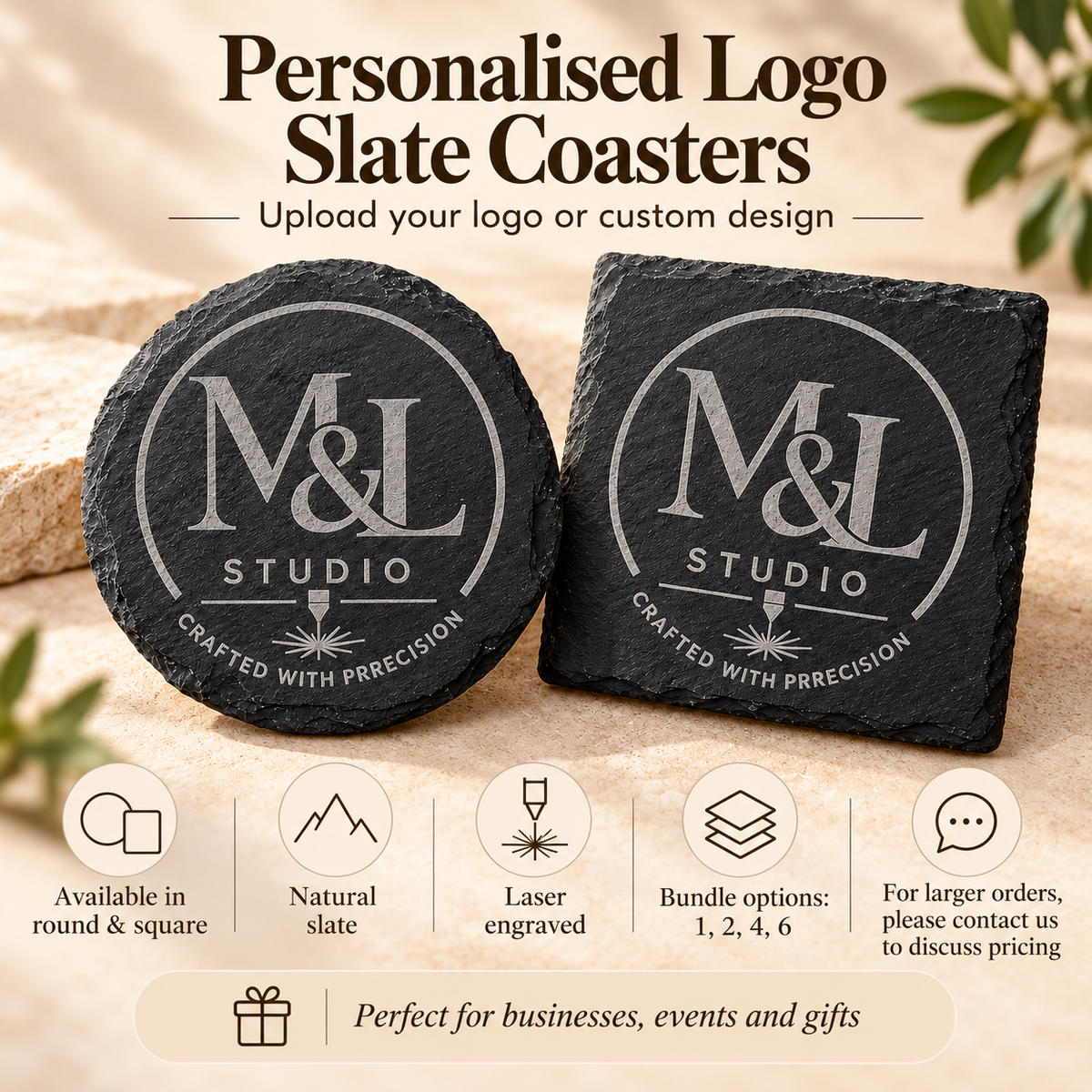 Slate coasters with engraved business logo in coffee setting