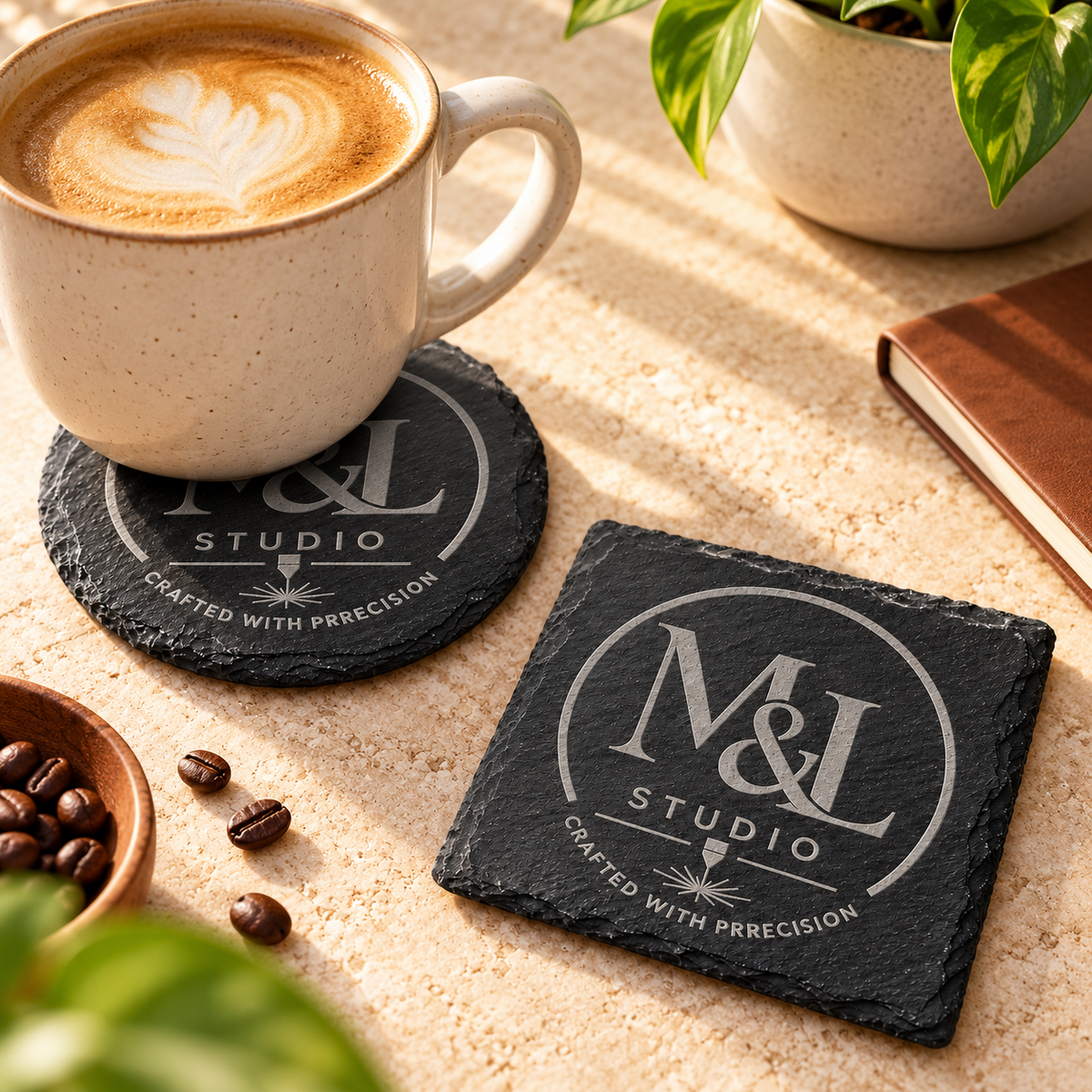 Custom logo engraved slate coasters in round and square shapes