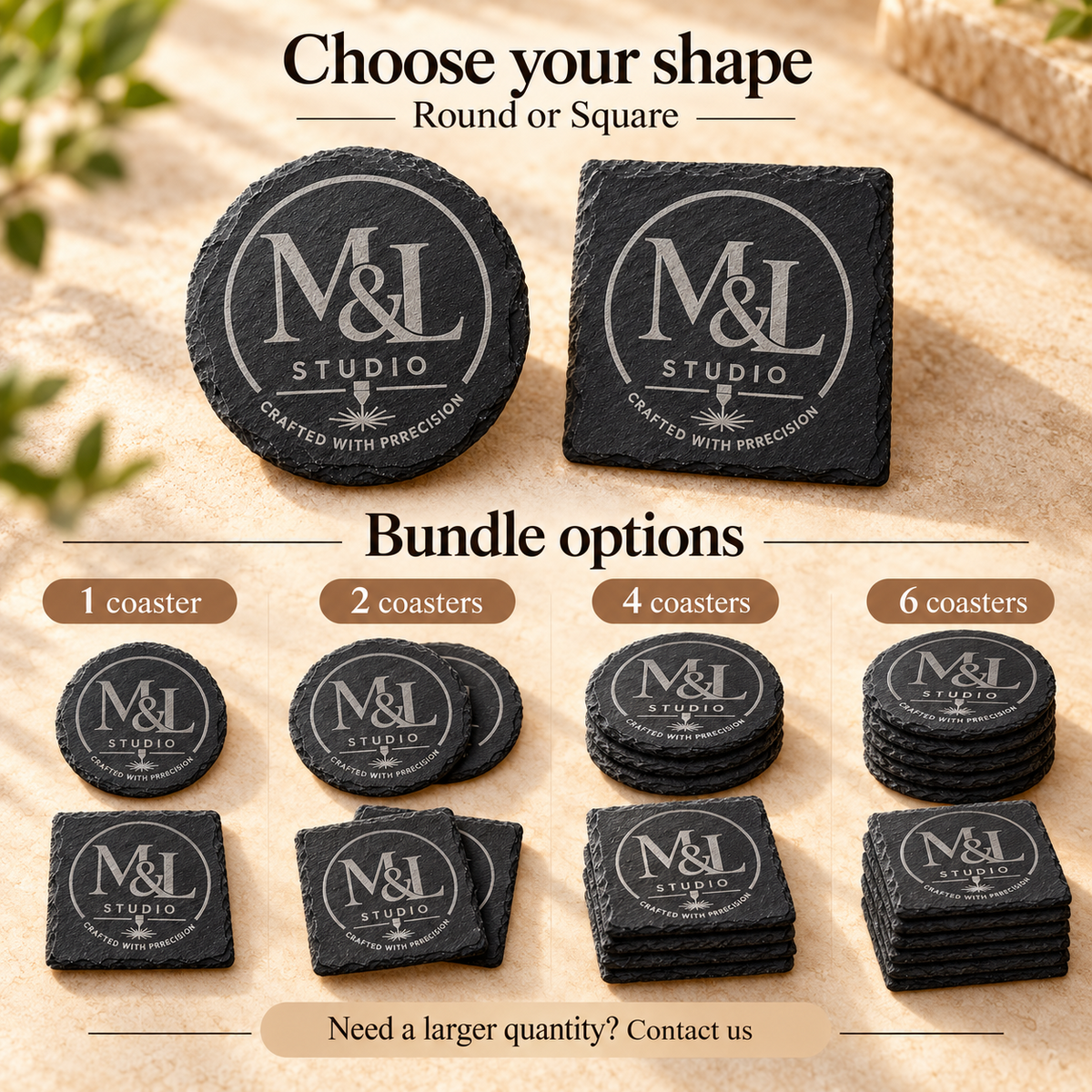 Two shapes available for personalised logo slate coasters
