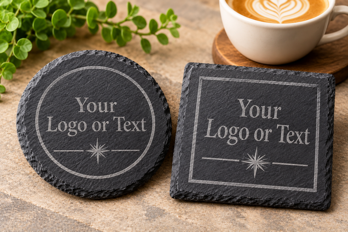 Round and square slate logo coasters with coffee and plants