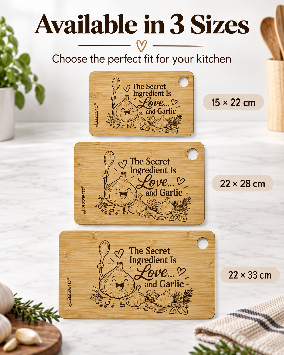 Engraved bamboo cutting board shown in 15 x 22 cm, 22 x 28 cm and 22 x 33 cm sizes