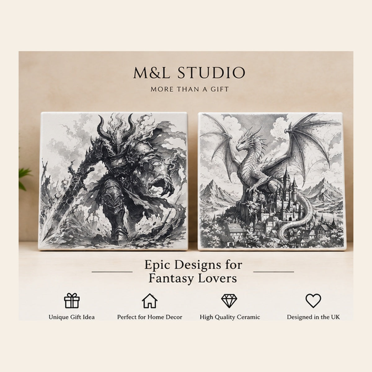 Fantasy ceramic tile choice of two designs showing dark warrior and dragon castle artwork