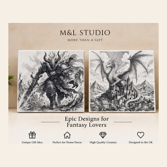 Fantasy ceramic tile choice of two designs showing dark warrior and dragon castle artwork