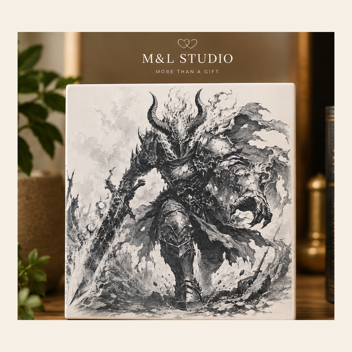 Fantasy ceramic tile Design A with dark horned warrior artwork