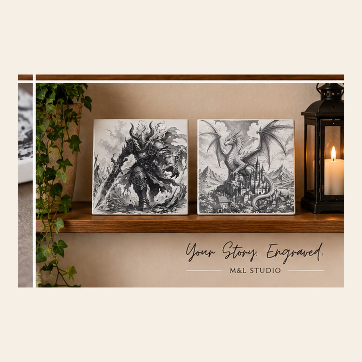 Fantasy ceramic tiles with dark warrior and dragon castle designs displayed together on a warm wooden shelf