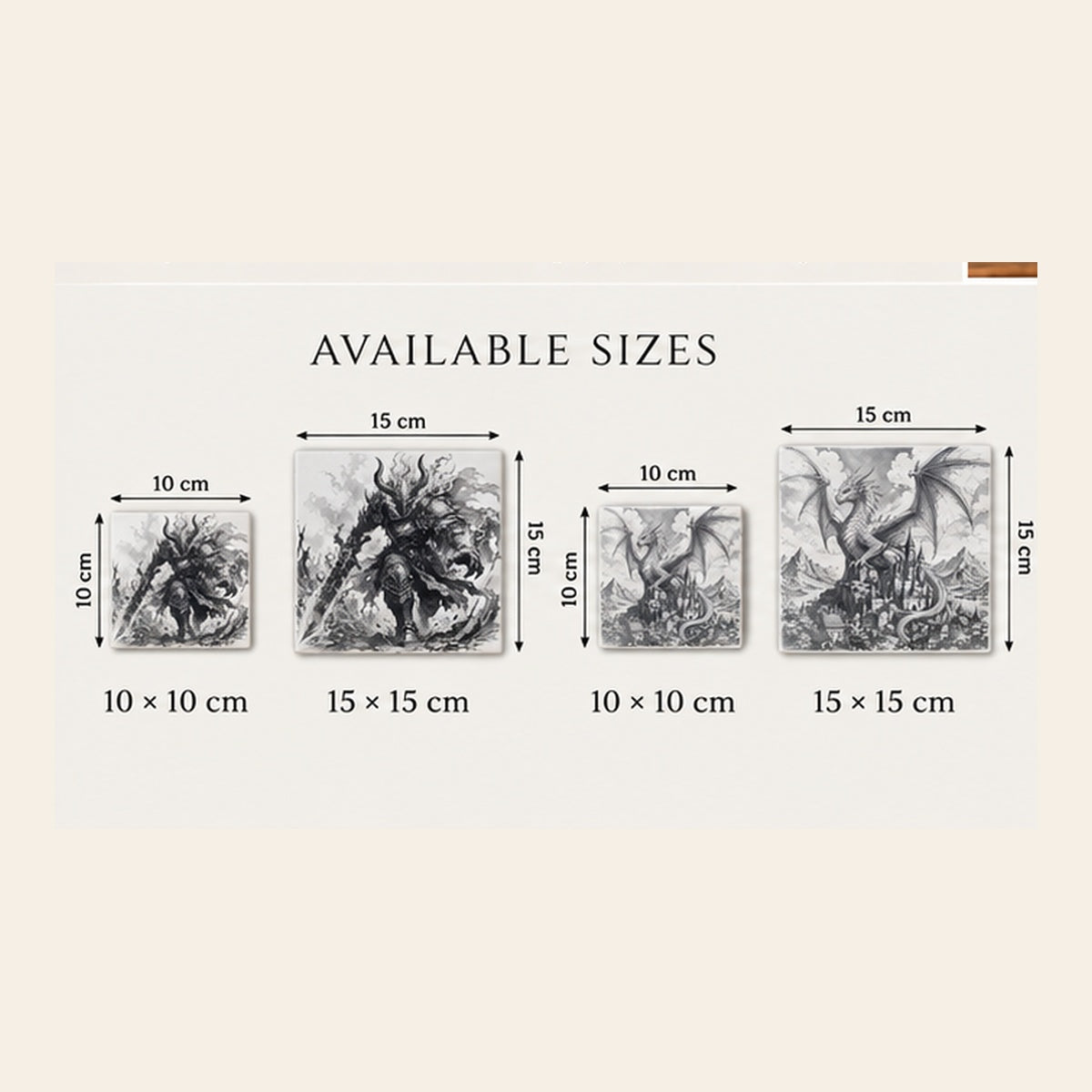 Fantasy ceramic tile size guide showing both designs available in 10 by 10 cm and 15 by 15 cm