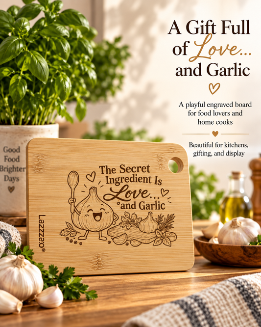 Engraved bamboo cutting board with The Secret Ingredient Is Love and Garlic design in a kitchen setting