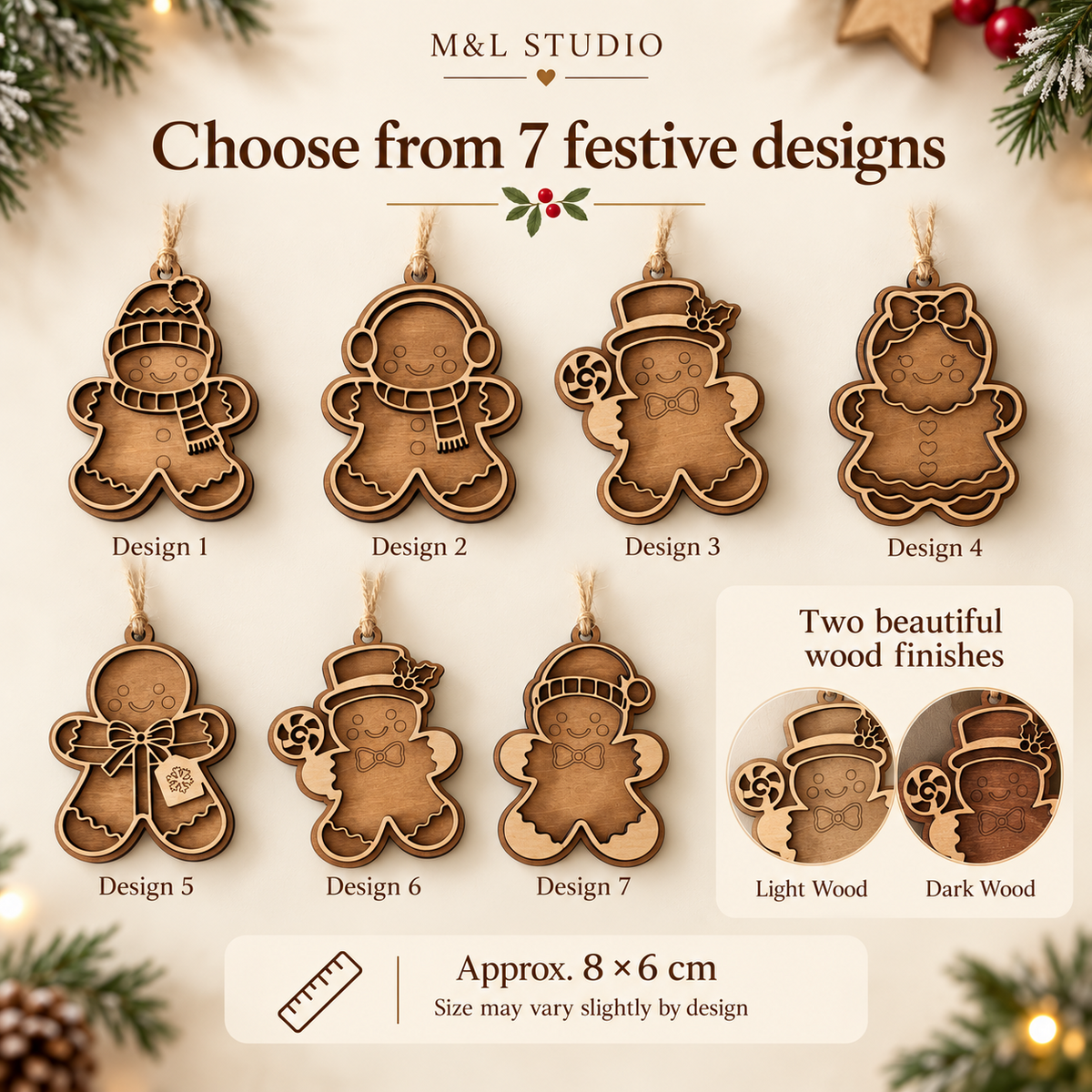 Seven wooden gingerbread Christmas ornament designs with Georgian Medium Oak and Deep Mahogany finishes