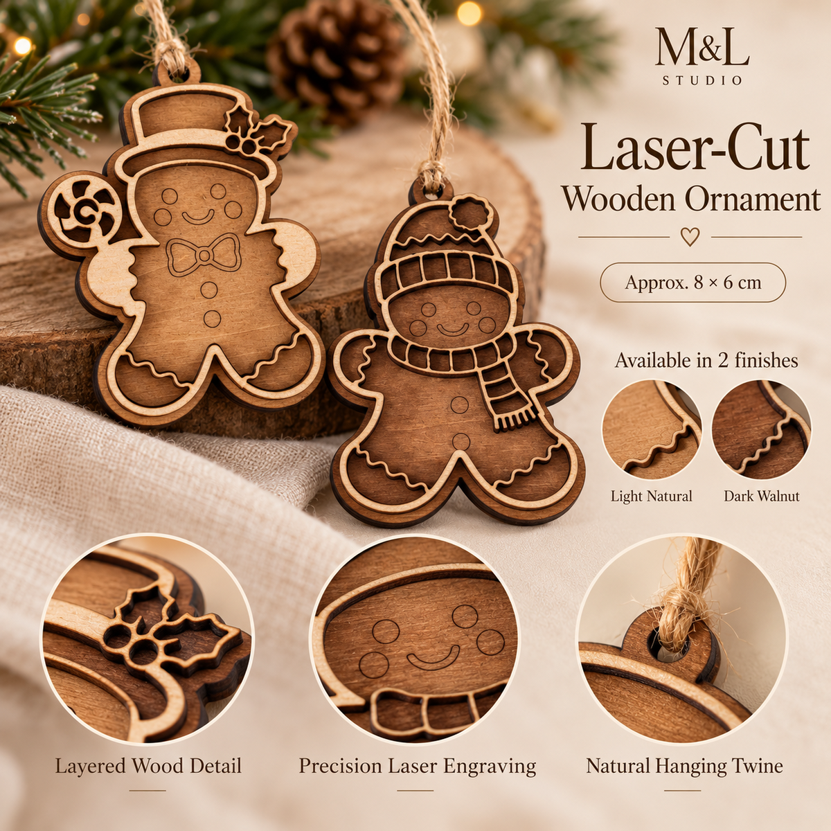 Laser-cut wooden gingerbread Christmas ornaments showing layered detail and natural hanging twine