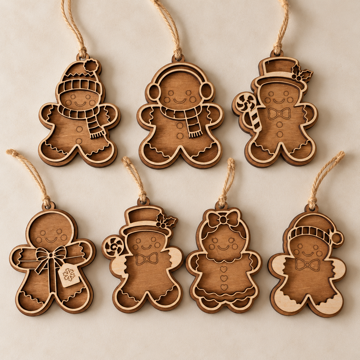 Seven wooden gingerbread Christmas ornament designs arranged on a neutral background