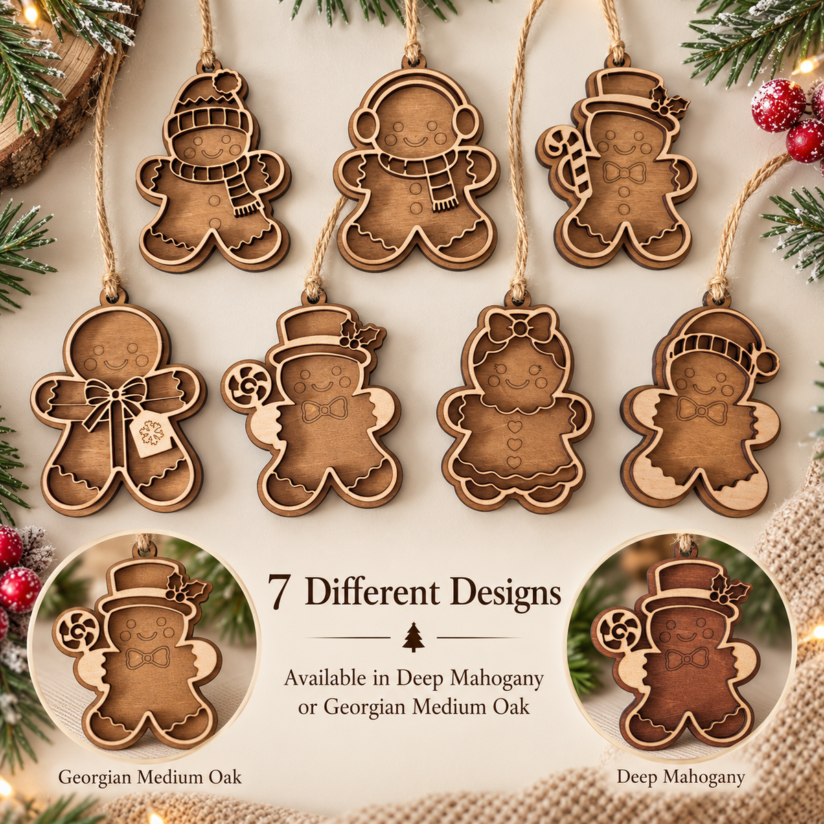 Seven different wooden gingerbread Christmas ornament designs