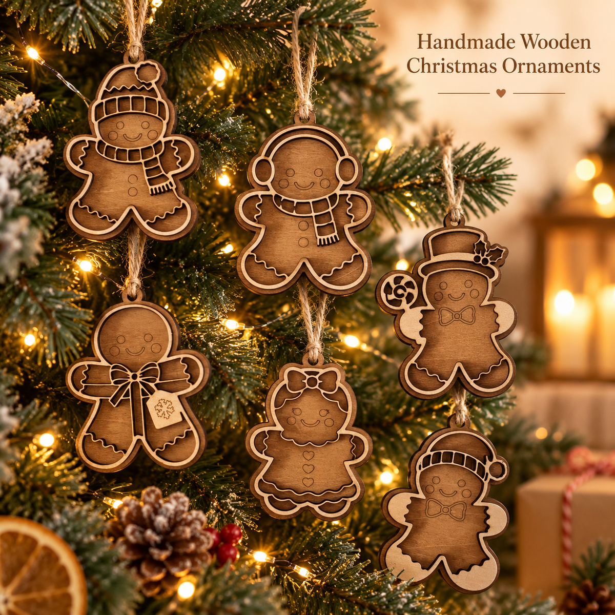 Wooden gingerbread Christmas ornaments hanging on a decorated Christmas tree