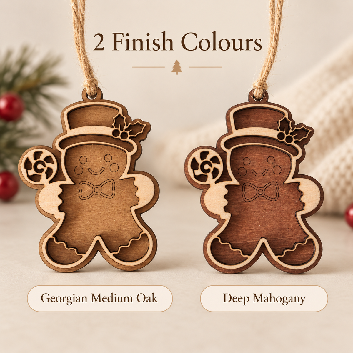 Wooden gingerbread Christmas ornament shown in Georgian Medium Oak and Deep Mahogany finishes