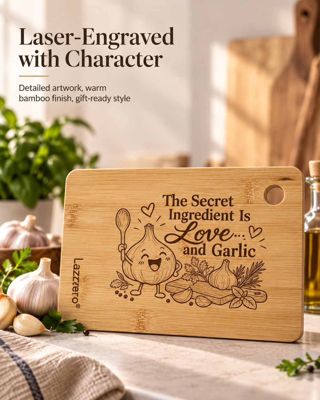 Laser engraved bamboo cutting board with Love and Garlic kitchen design