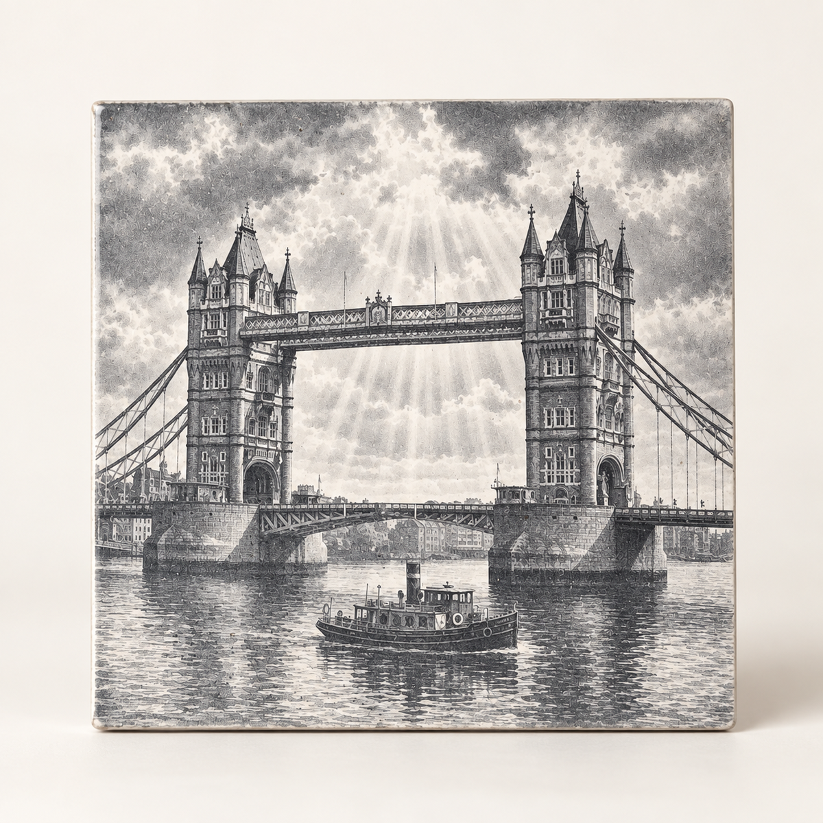 London landmark ceramic tile design featuring Tower Bridge and a river boat