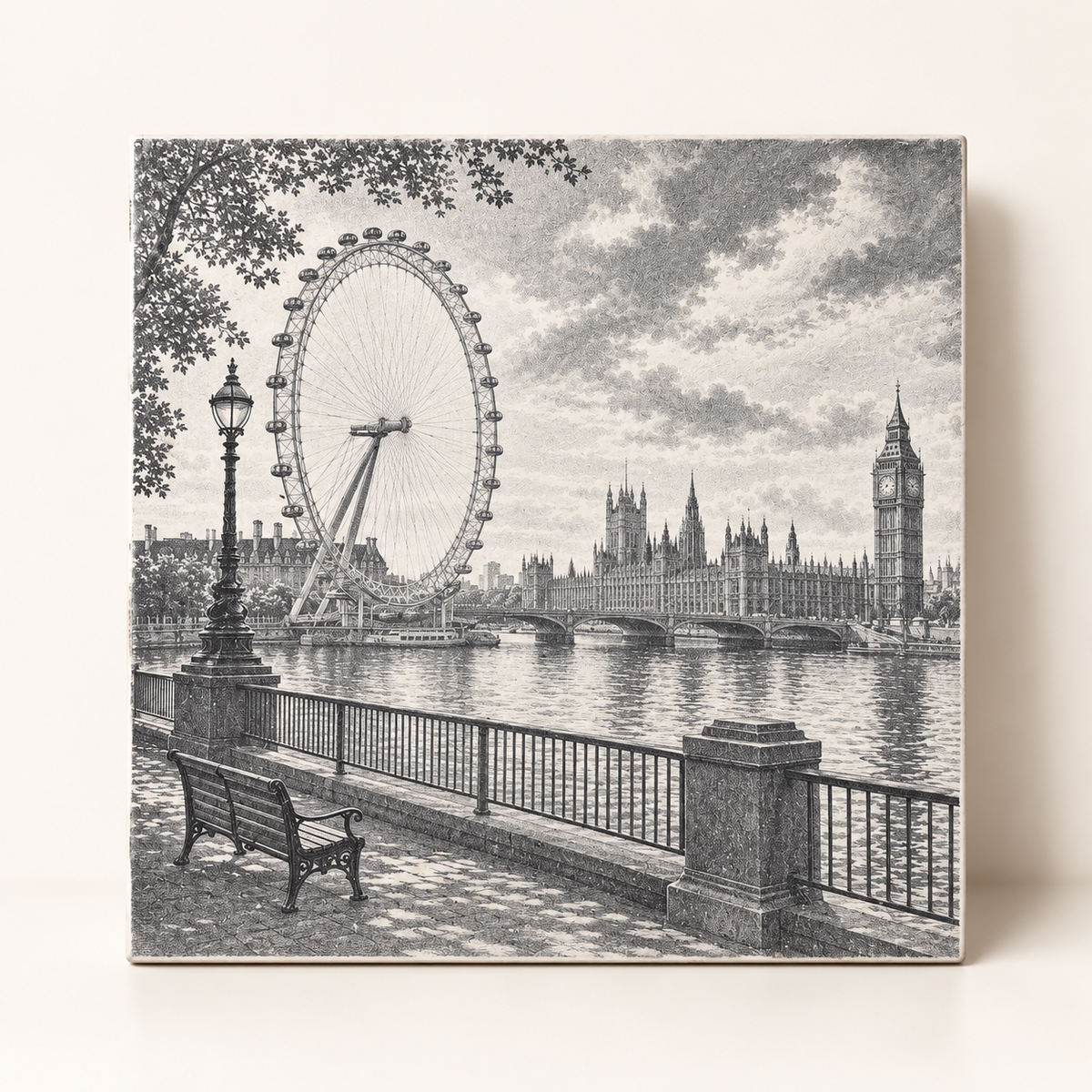 London landmark ceramic tile design featuring the London Eye, Houses of Parliament and Big Ben