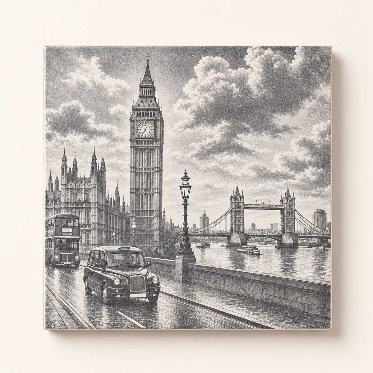 London landmark ceramic tile design featuring Big Ben, Tower Bridge, a London bus and black cab
