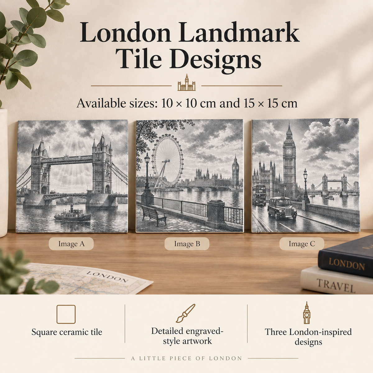 London landmark decorative tile designs showing three designs and sizes 10 × 10 cm and 15 × 15 cm