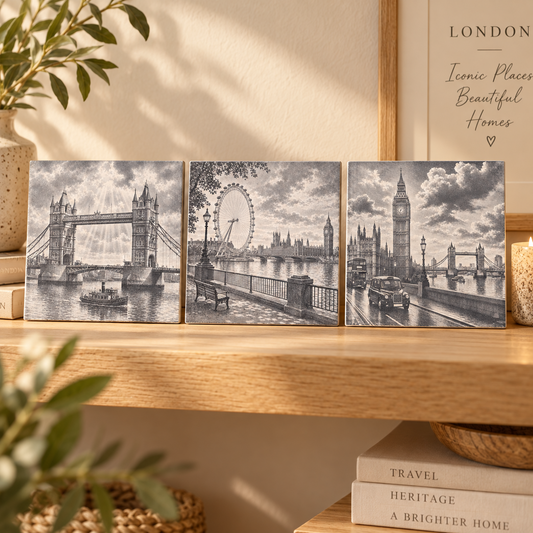 Three London landmark decorative ceramic tiles displayed together on a wooden shelf