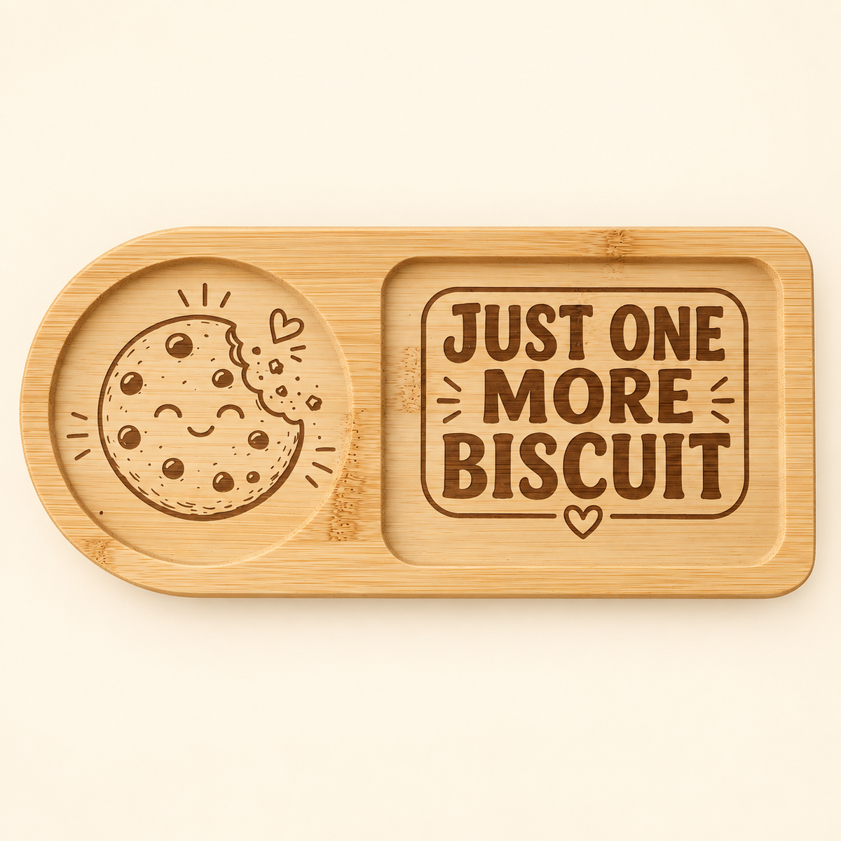 Just One More Biscuit engraved bamboo snack and drink tray