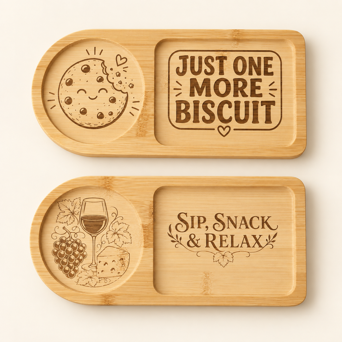 Bamboo snack and drink tray in two engraved designs