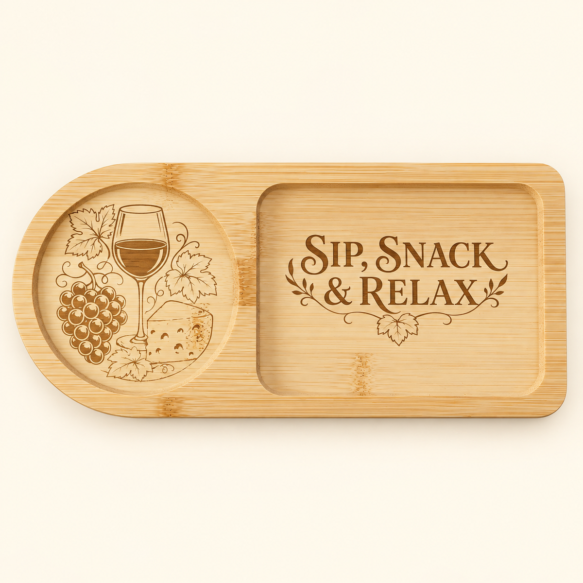 Sip, Snack & Relax engraved bamboo snack and drink tray