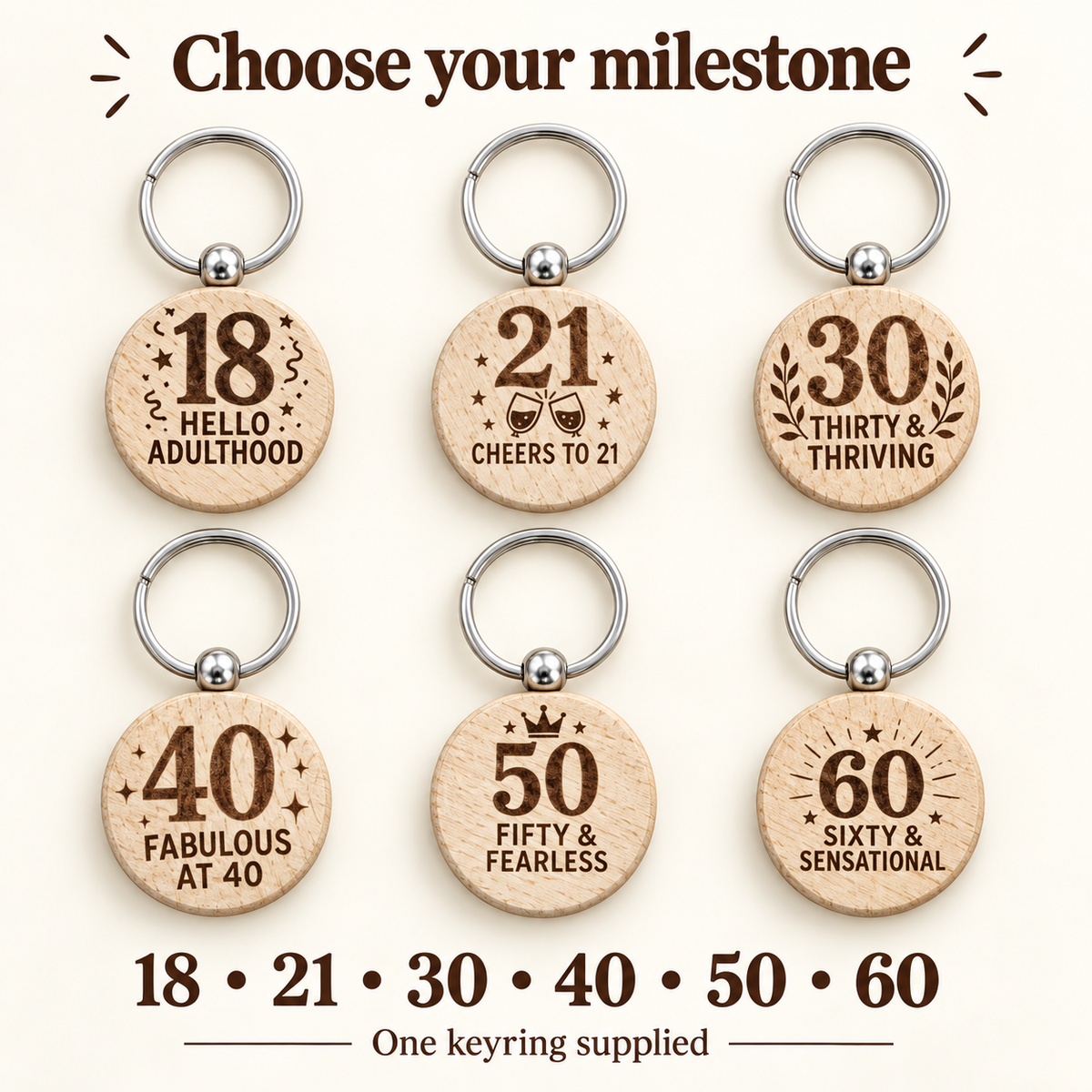 Choose your milestone birthday age – one keyring supplied