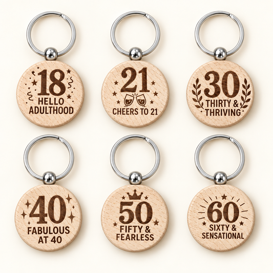 Wooden milestone birthday keyrings – ages 18, 21, 30, 40, 50 and 60